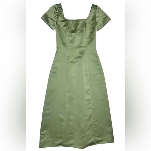 Vintage Y2K Green Satin Midi Formal Dress Beaded Neckline Size 4 Prom Brodesmaid - Picture 1 of 11